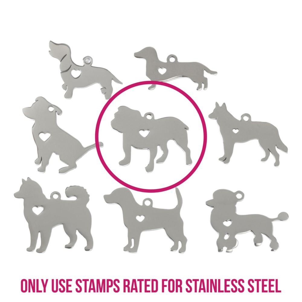 Metal Stamping Blanks Stainless Steel Bulldog with Heart Cutout and Top Loop, 27.8mm (1.1") x 21.8mm (.86"), 14g